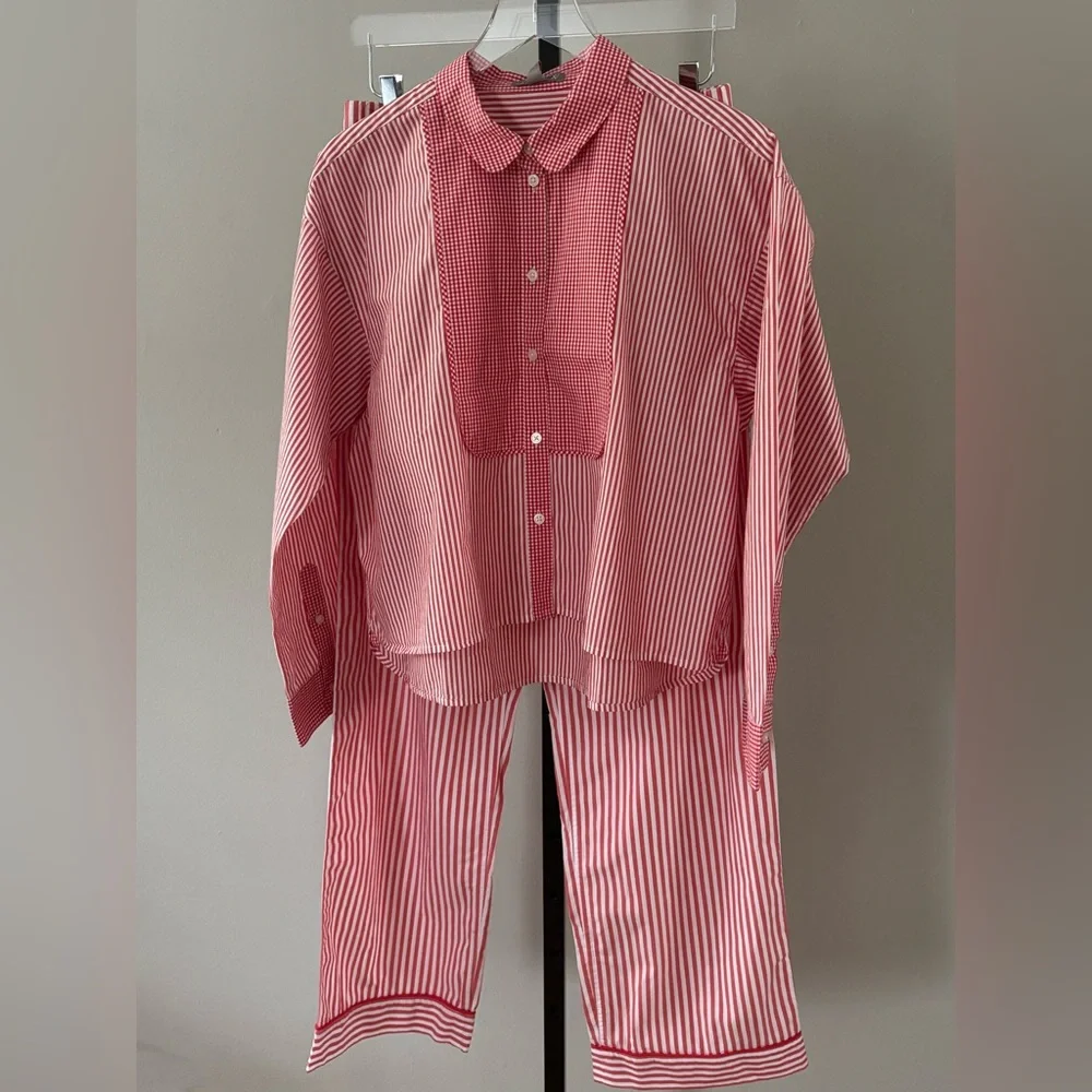 Red Striped Pajama Bib Shirt‎
